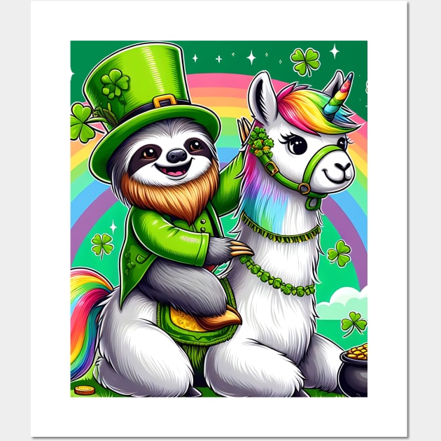 Leprechaun Sloth Riding Llama Unicorn St Patricks Day Wall Art by click2print